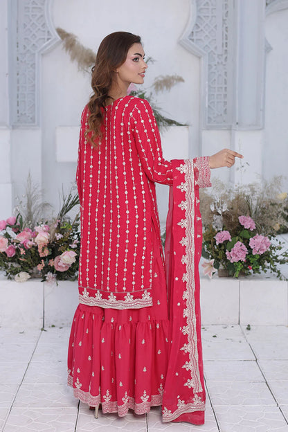 Embroidered Watermelon Kurti Set with Straight-Leg Gharara & Crinkle Chiffon Dupatta