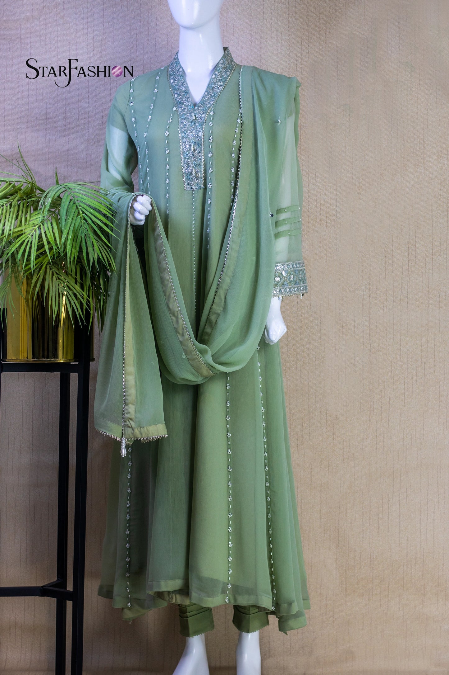 Iridescent Chiffon Ensemble with Silk Trouser & Dupatta