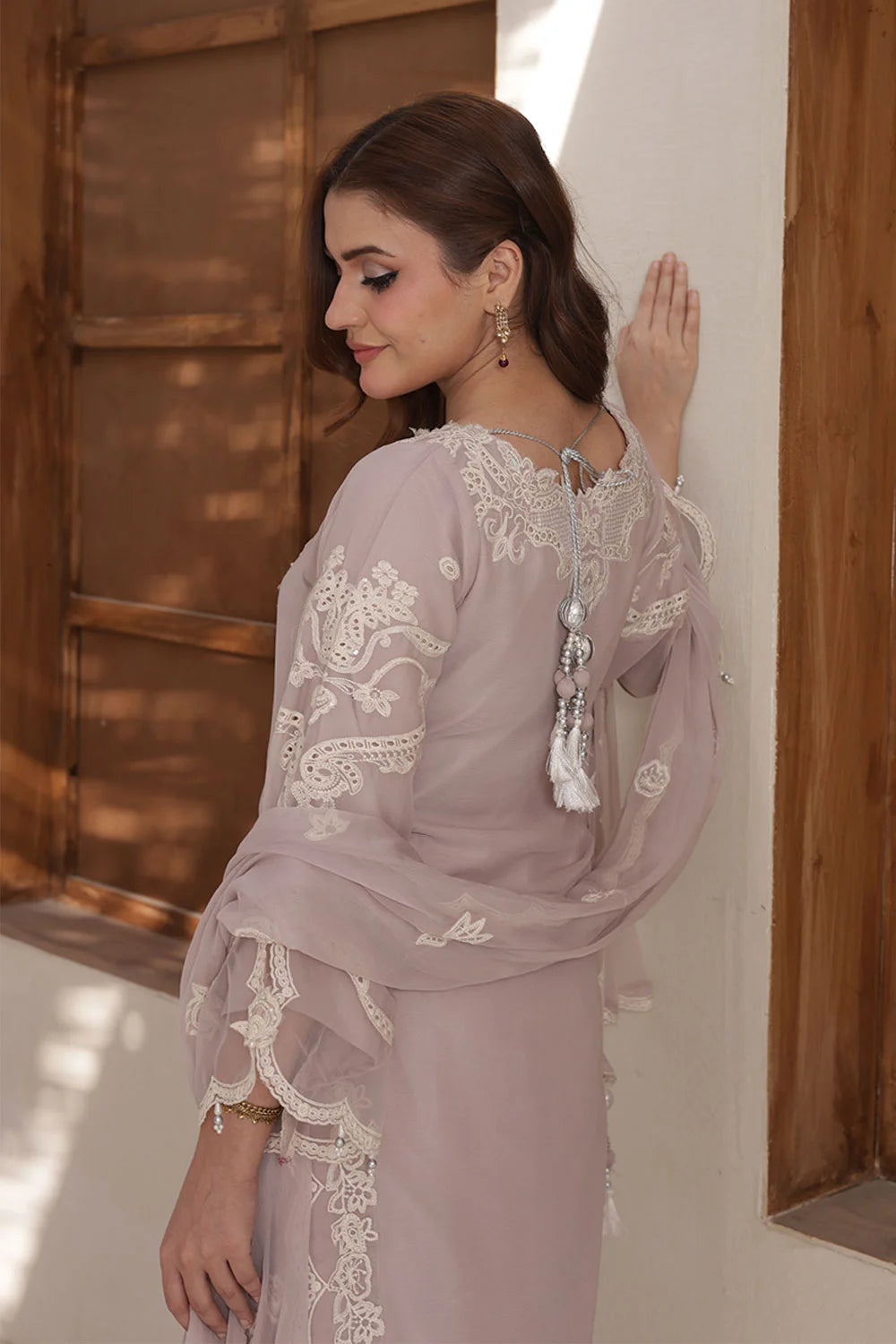 Chiffon A-Line Dress with Embroidered Dupatta & Gharara