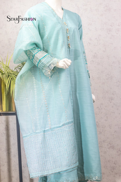 Raw Silk A-Line Kurta Set with Plazzo & Self-Textured Organza Dupatta