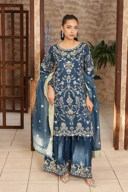 Embroidered Straight-Cut Raw Silk Kurta Set with Gharara & Khaddi Net Dupatta
