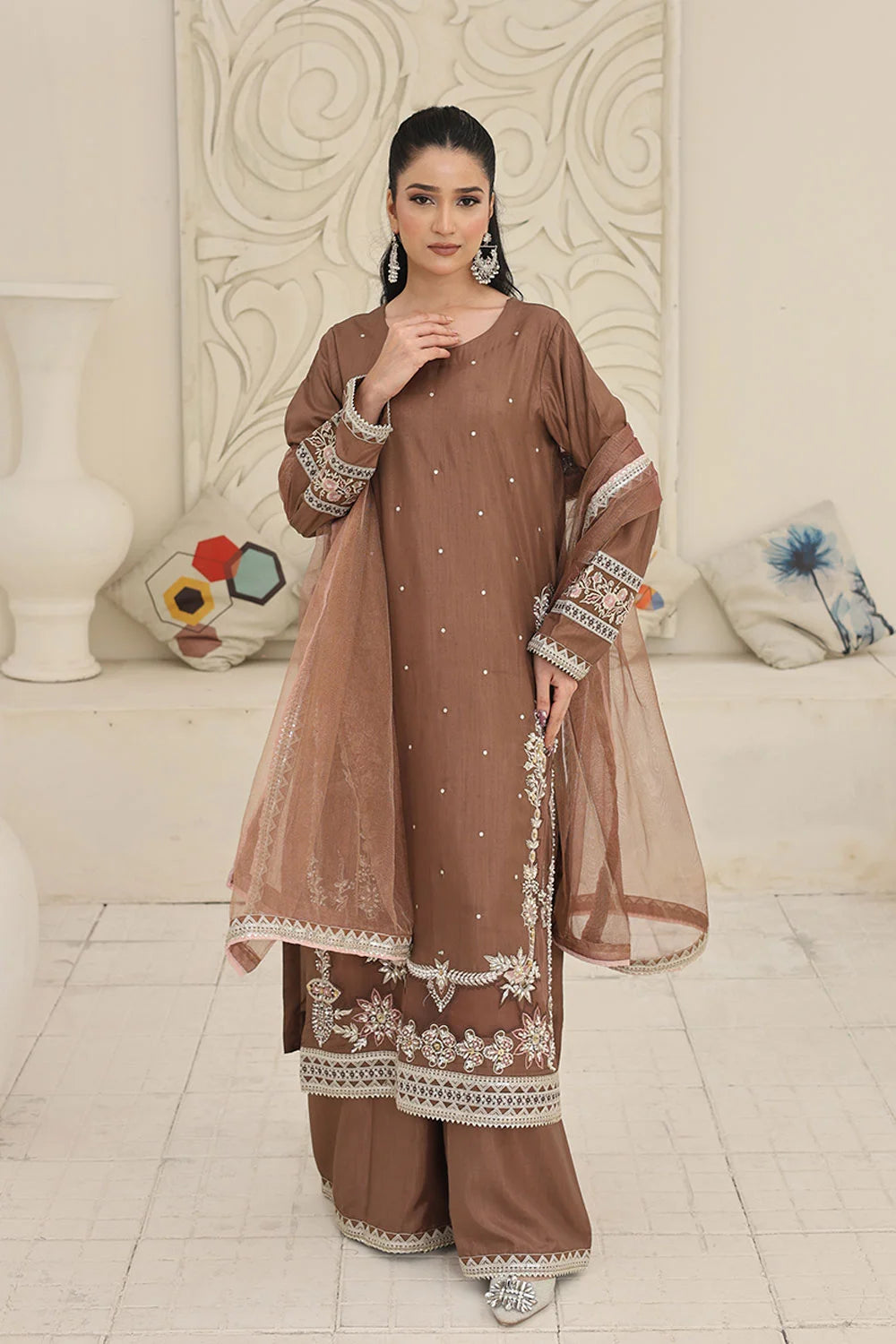 Embroidered Raw Silk Suit with Khaddi Net Dupatta