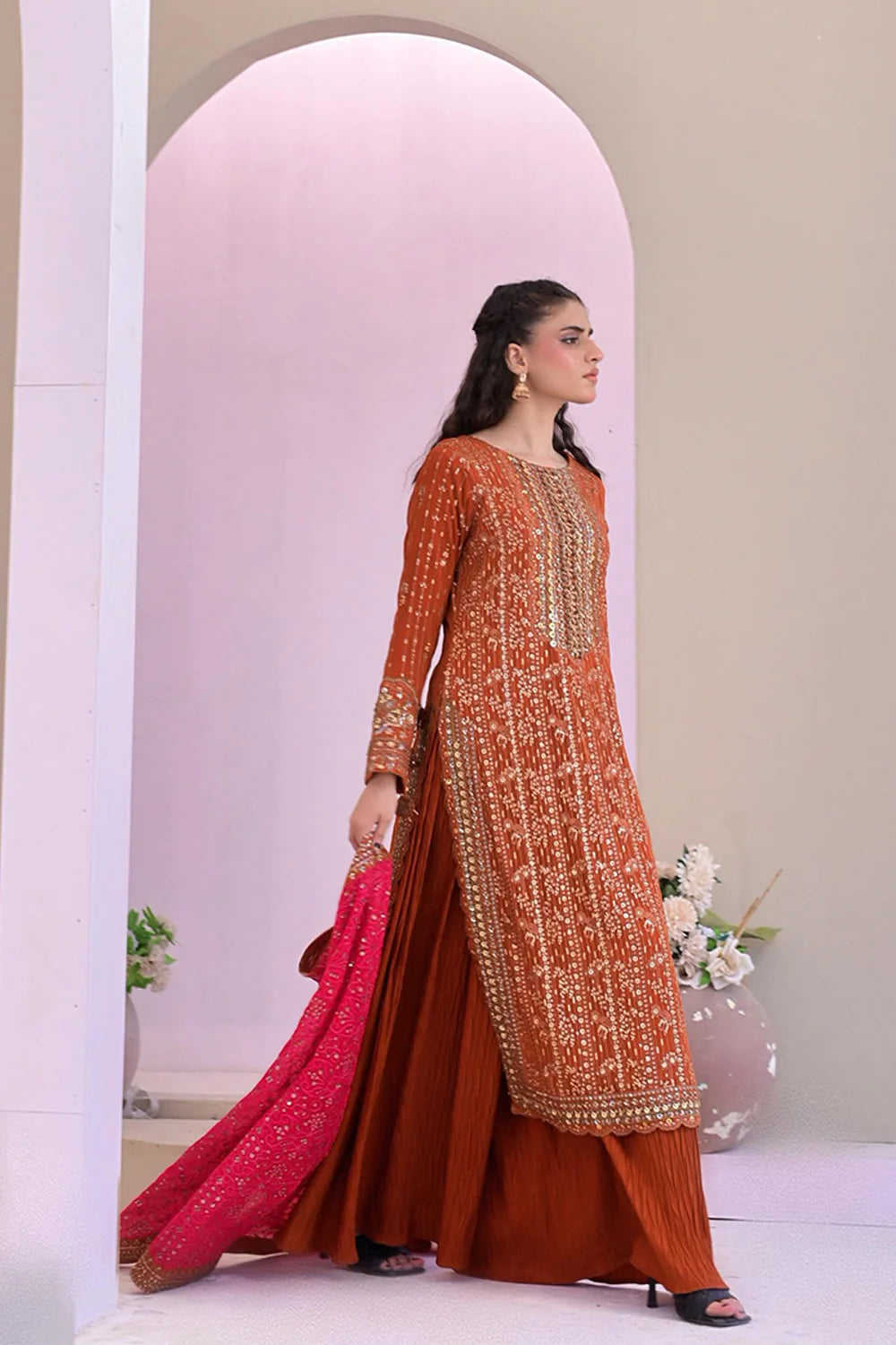 Fully Embroidered Chiffon A-Line Kurta with Plazzo