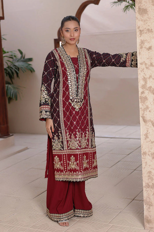 Maroon Chiffon Straight Shirt with Malai Silk Plazzo & Chunri Dupatta