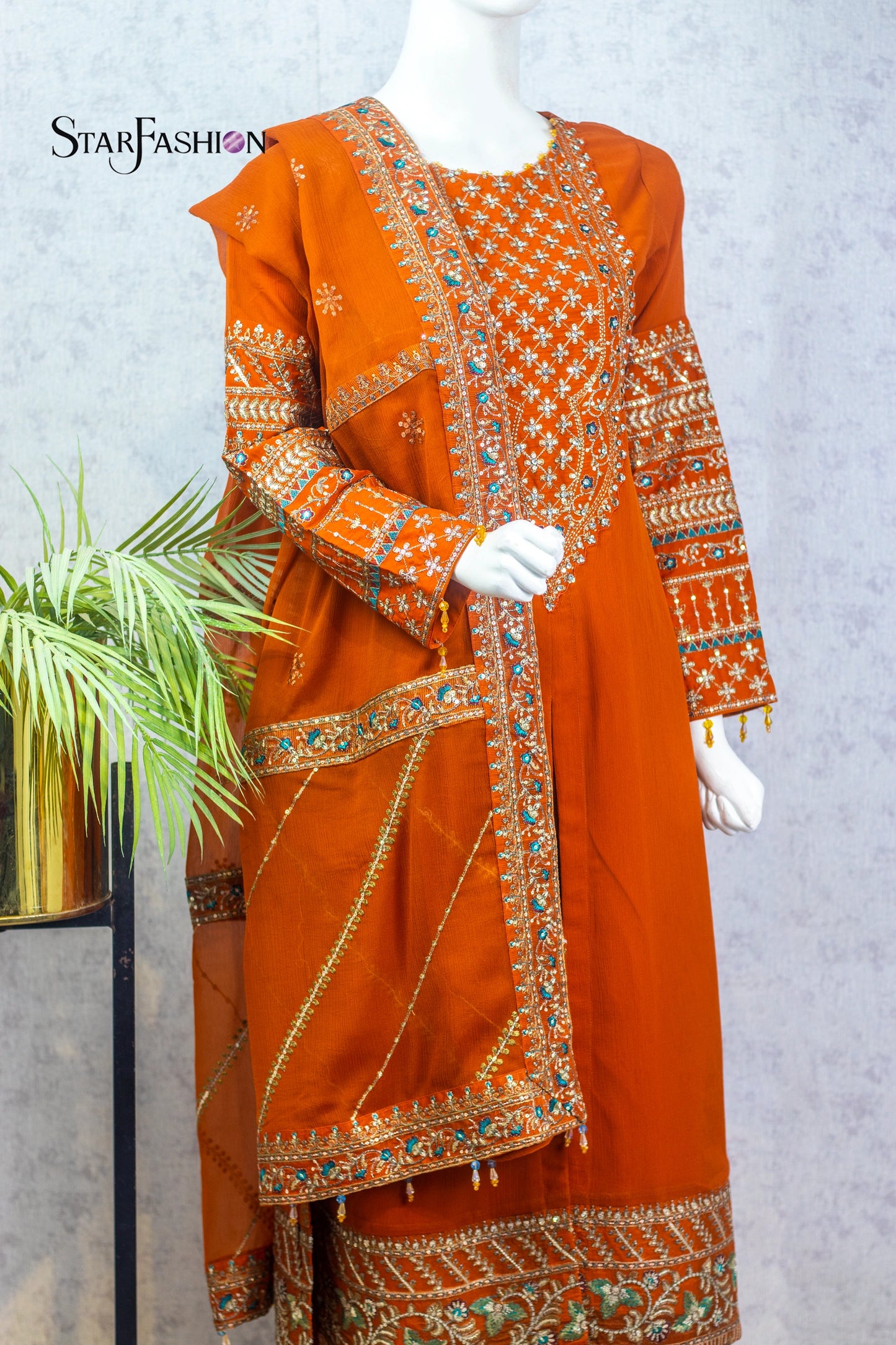 Maroon & Orange Embroidered Raw Silk 3-Piece Dress