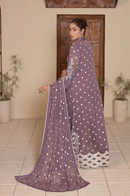 Dusty Mauve Chiffon Gown with Malai Silk Trouser & Embroidered Dupatta
