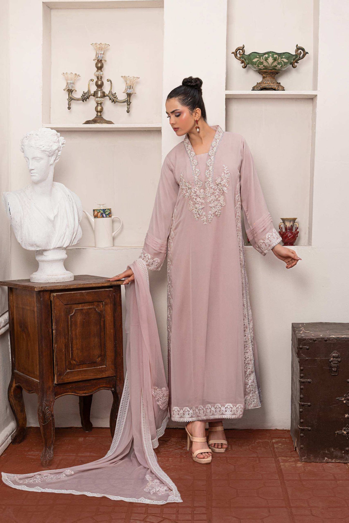 Baby pink | Chiffon | Embroidered | 4-Piece Suit
