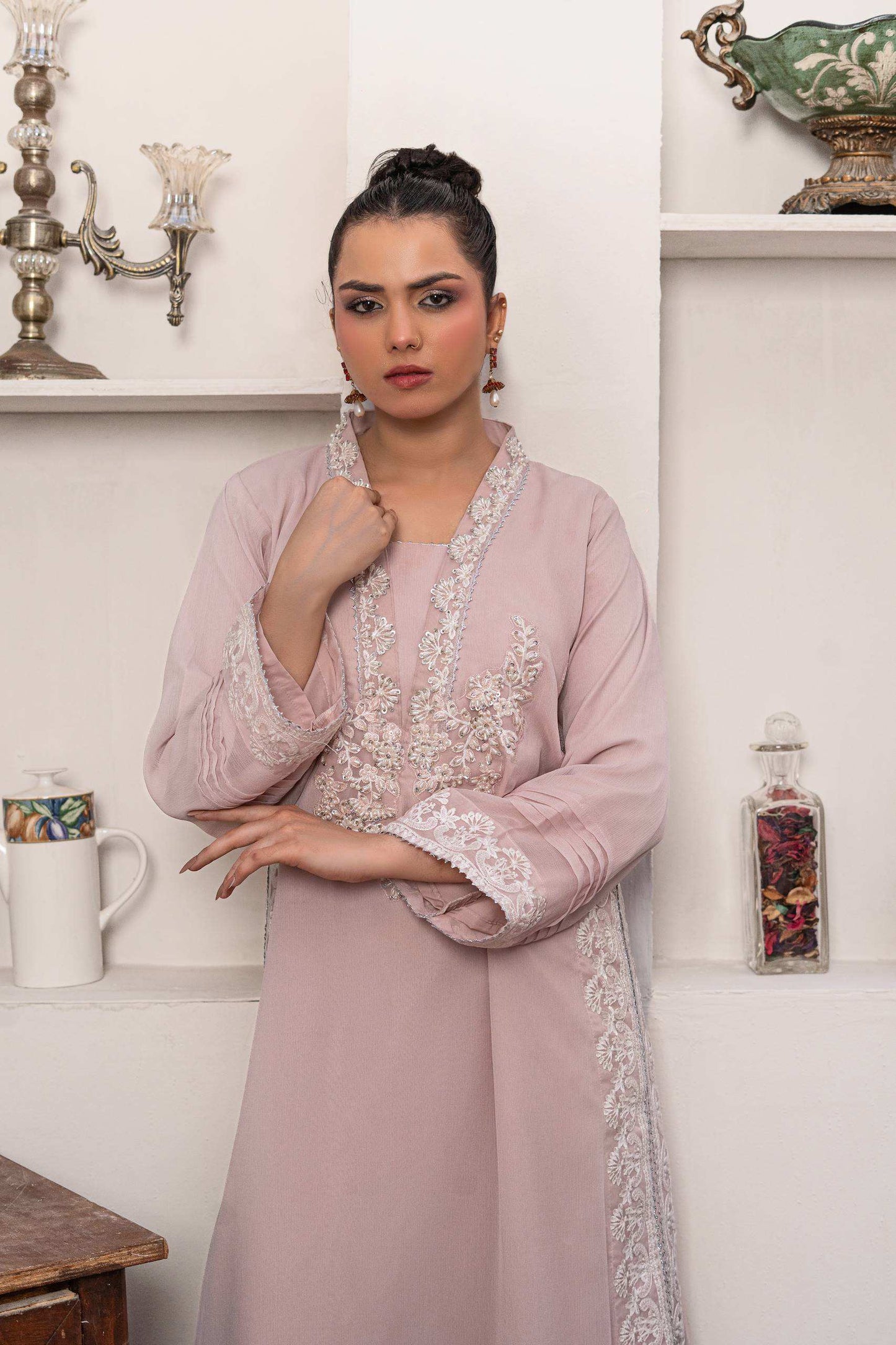 Baby pink | Chiffon | Embroidered | 4-Piece Suit