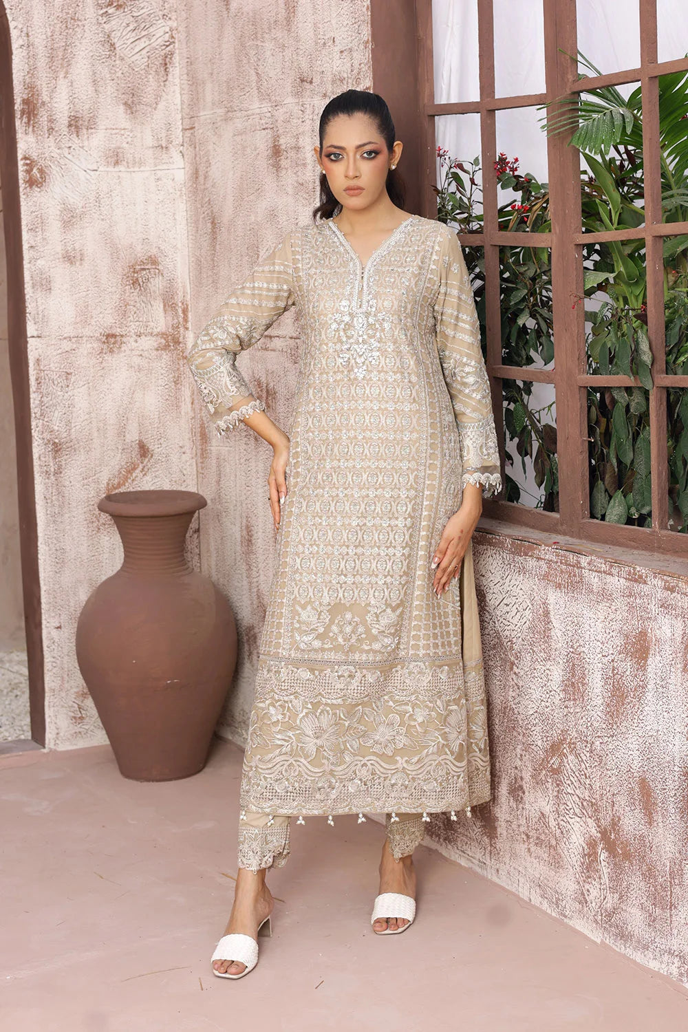 Embroidered Chiffon A-Line Suit with Net Dupatta