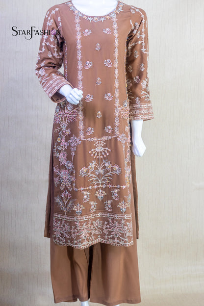 Tonal Camel Chiffon 3-Piece Dress with Dupatta