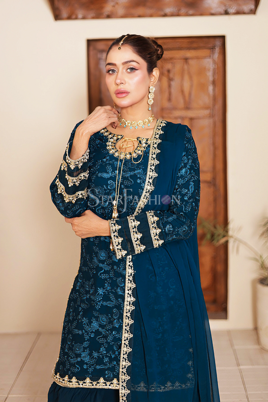 Malaysian Blue Chiffon Embroidered Suit with Dupatta & Gharara