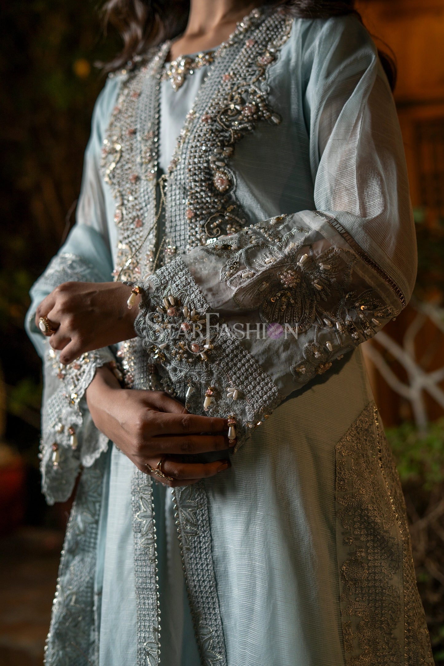 Sky Blue Khaddi Net Coat-Style Embroidered Suit with Dupatta & Palazzo