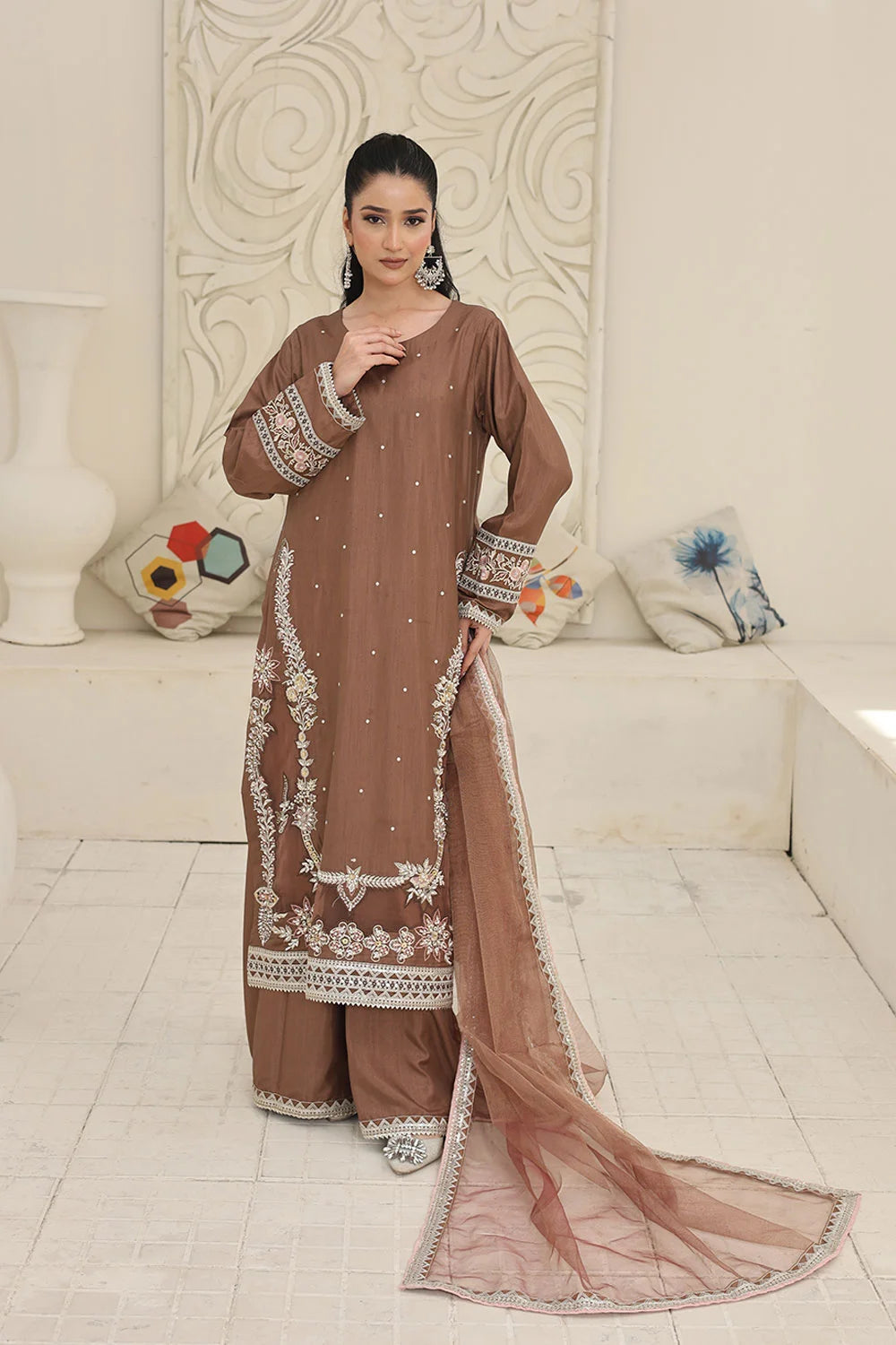 Embroidered Raw Silk Suit with Khaddi Net Dupatta