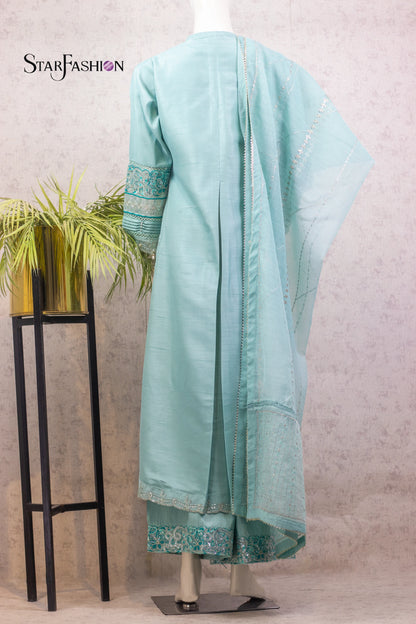Raw Silk A-Line Kurta Set with Plazzo & Self-Textured Organza Dupatta