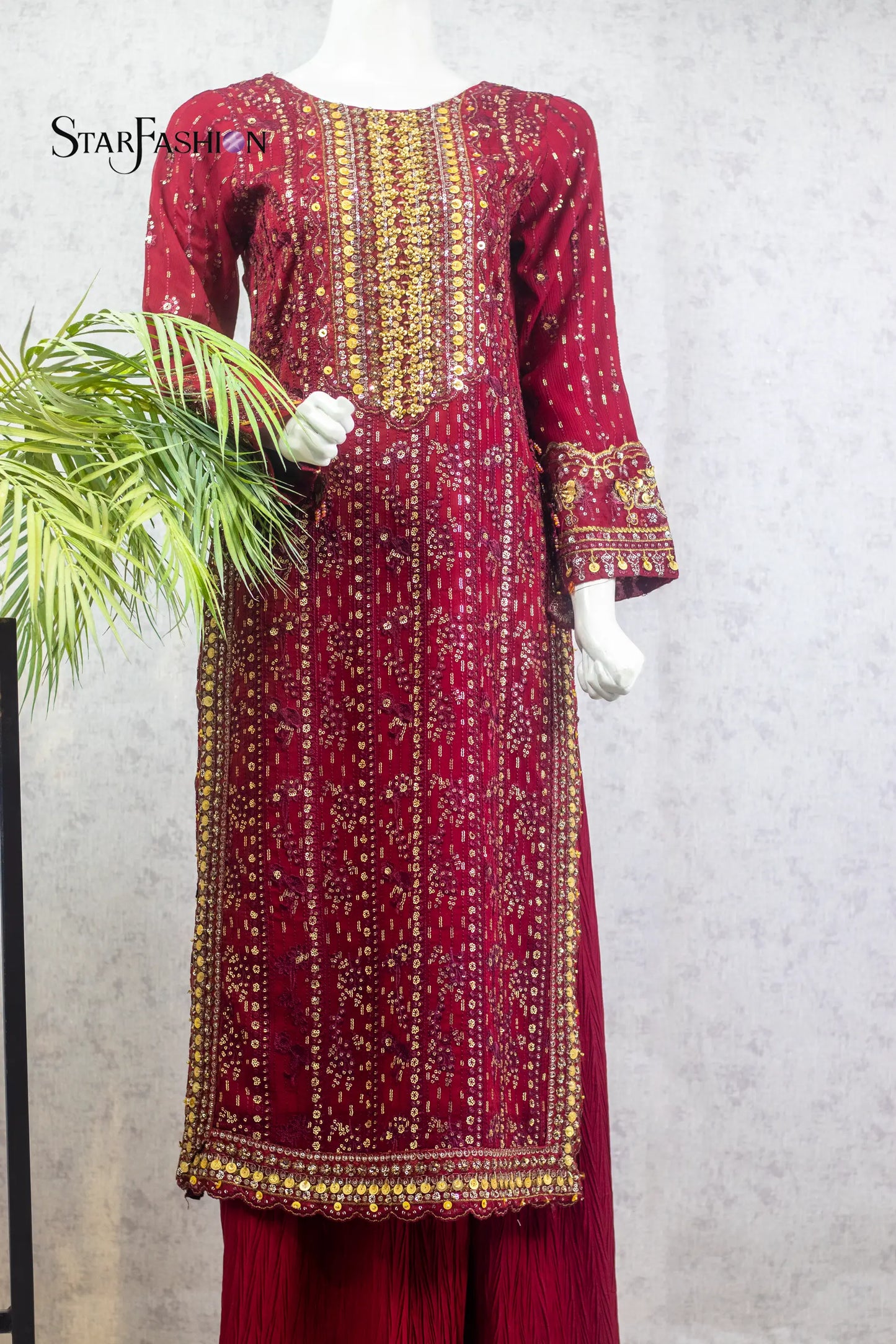 Maroon Chiffon 3-Piece Dress with Embroidered Dupatta