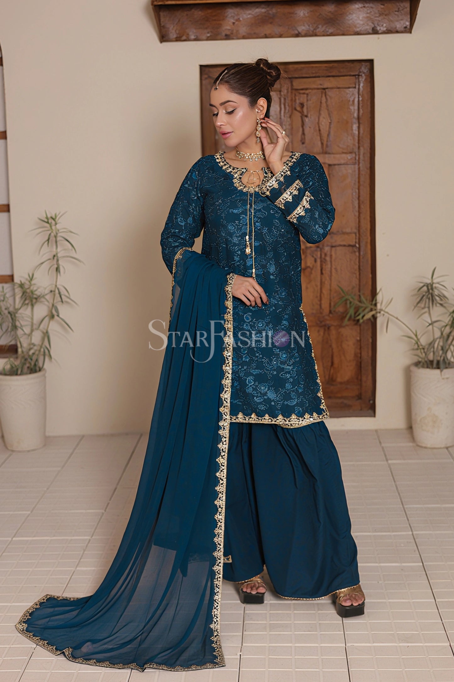 Malaysian Blue Chiffon Embroidered Suit with Dupatta & Gharara
