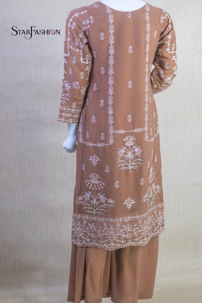 Tonal Camel Chiffon 3-Piece Dress with Dupatta
