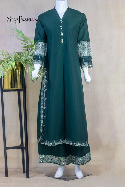 Raw Silk A-Line Kurta Set with Plazzo & Self-Textured Organza Dupatta
