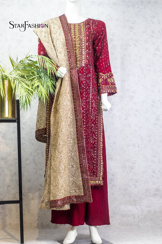 Maroon Chiffon 3-Piece Dress with Embroidered Dupatta