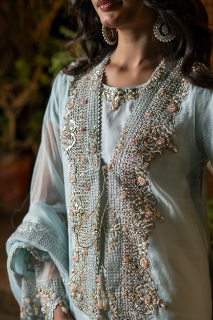 Sky Blue Khaddi Net Coat-Style Embroidered Suit with Dupatta & Palazzo