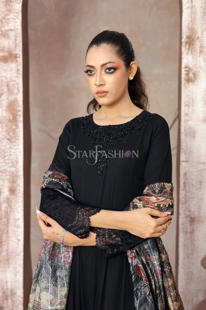 Command attention with Star Fashion’s embroidered black A‑line chiffon kurta ensemble, a 3‑piece stitched suit that blends timeless elegance with modern sophistication.