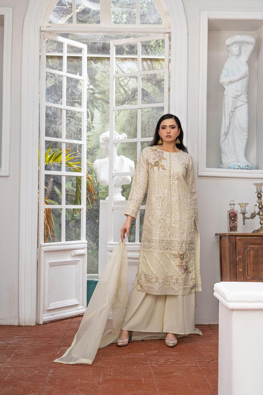 Vanilla | Organza | Embroidered | 3-Piece Suit