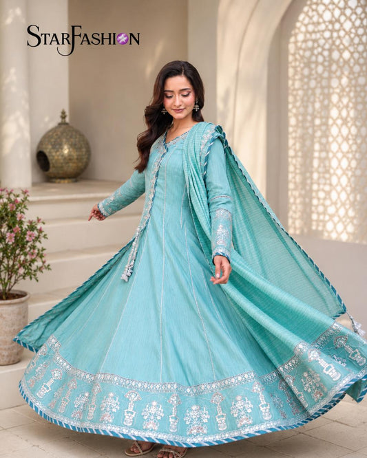 Sky Blue 3-peice Embroidered Frock+Dupputa