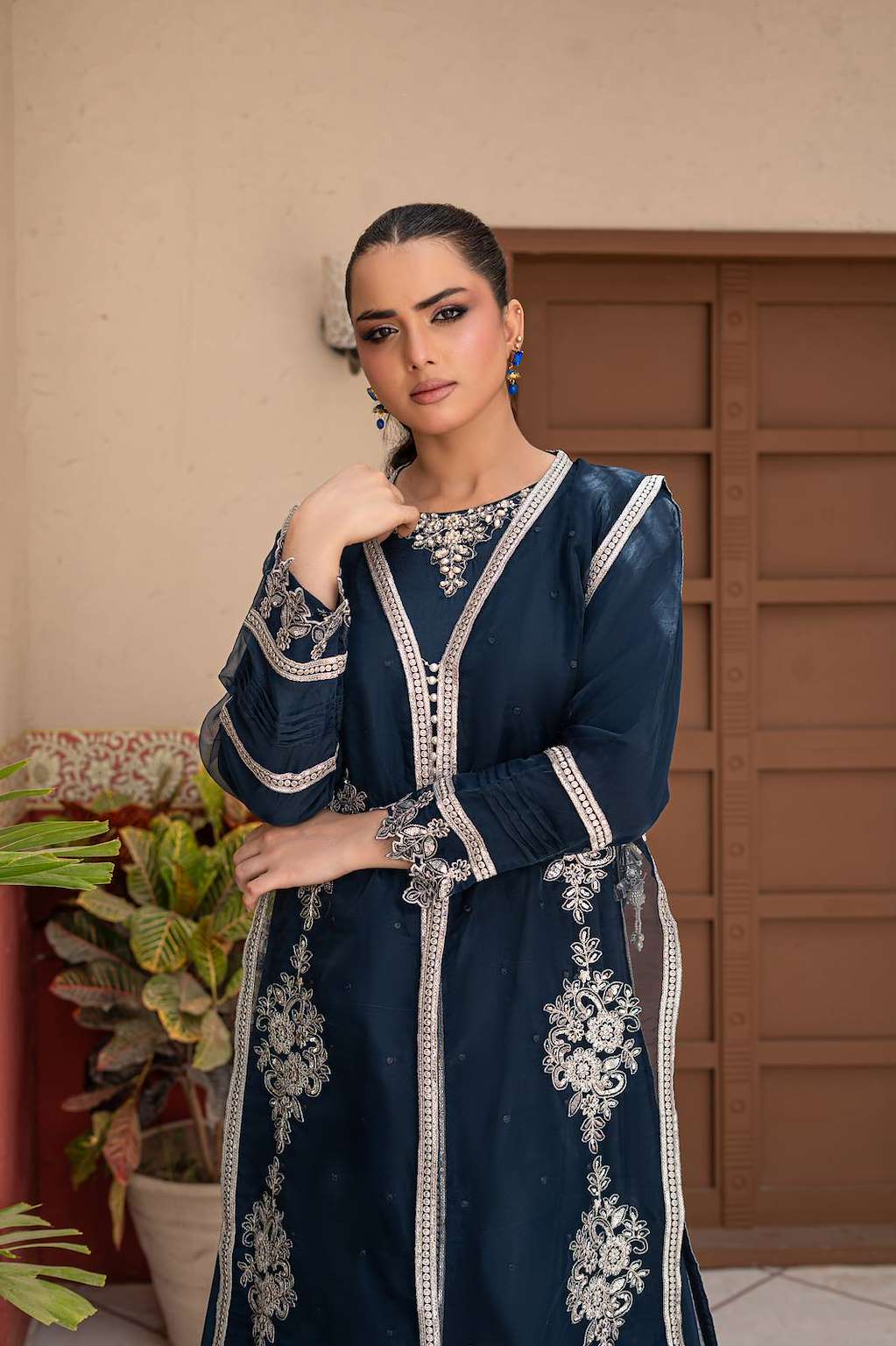 Navy Blue | Organza | Embroidered | 3-Piece Suit