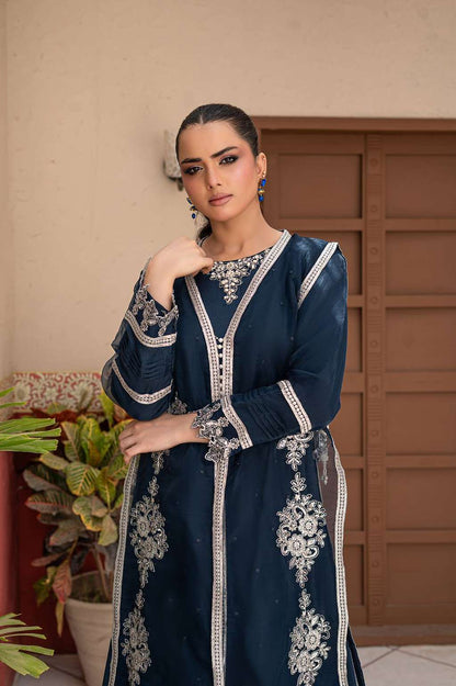 Navy Blue | Organza | Embroidered | 3-Piece Suit