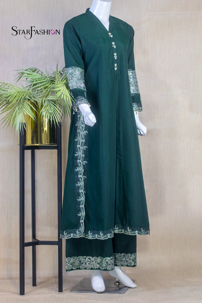 Raw Silk A-Line Kurta Set with Plazzo & Self-Textured Organza Dupatta