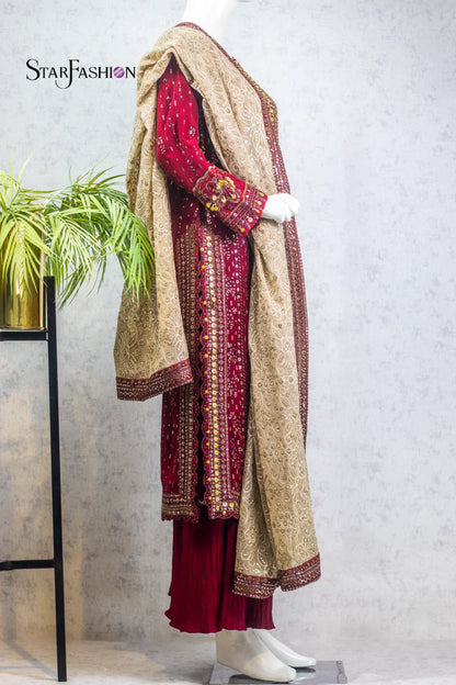 Maroon Chiffon 3-Piece Dress with Embroidered Dupatta