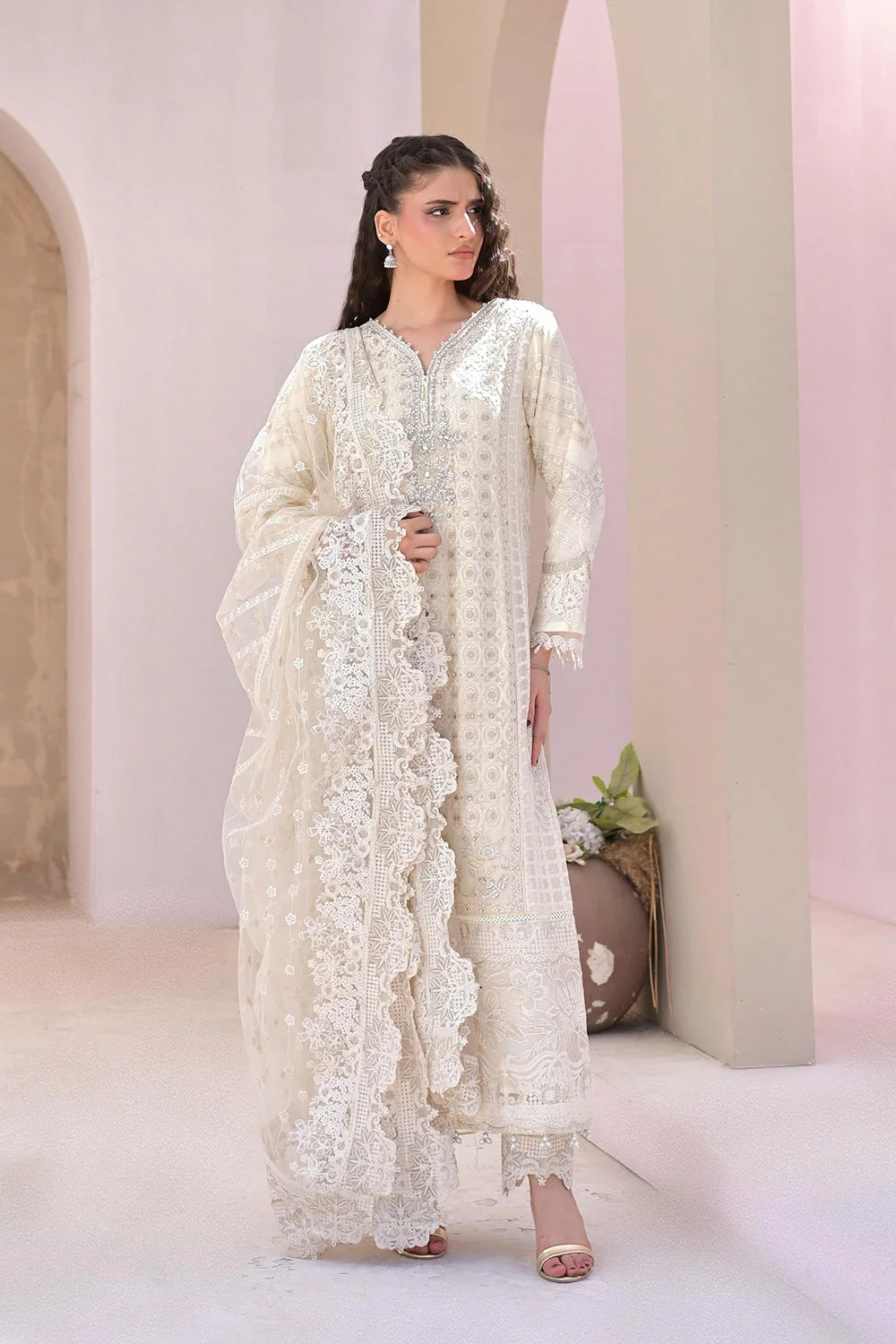 Embroidered Chiffon A-Line Suit with Net Dupatta