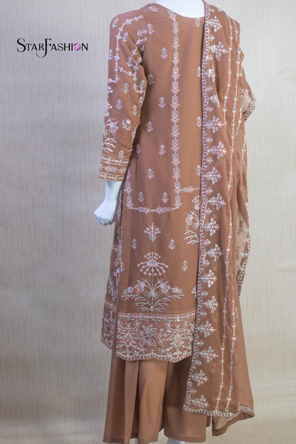 Tonal Camel Chiffon 3-Piece Dress with Dupatta