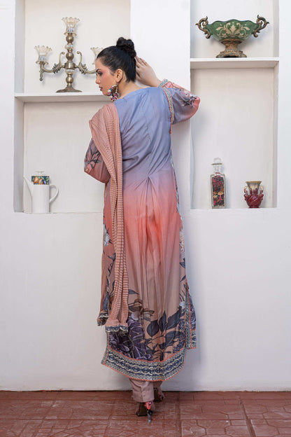 Peach pink | Chiffon | Embroidered | 3-Piece Suit