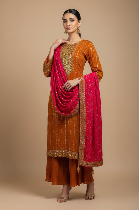 A woman modeling a traditional Indian outfit consisting of an orange kurta with gold embroidery, matching orange pants, and a bright pink dupatta with gold borders, set against a solid beige background.