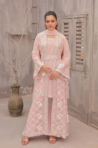 "Light pink embroidered silk long kurta with inner dress and chiffon dupatta – luxury pret wear"
