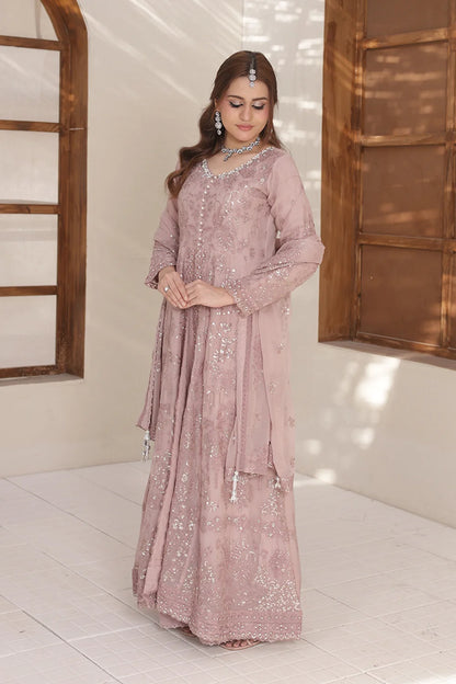 "All‑season pink stitched suit with chiffon dupatta – designer outfit"