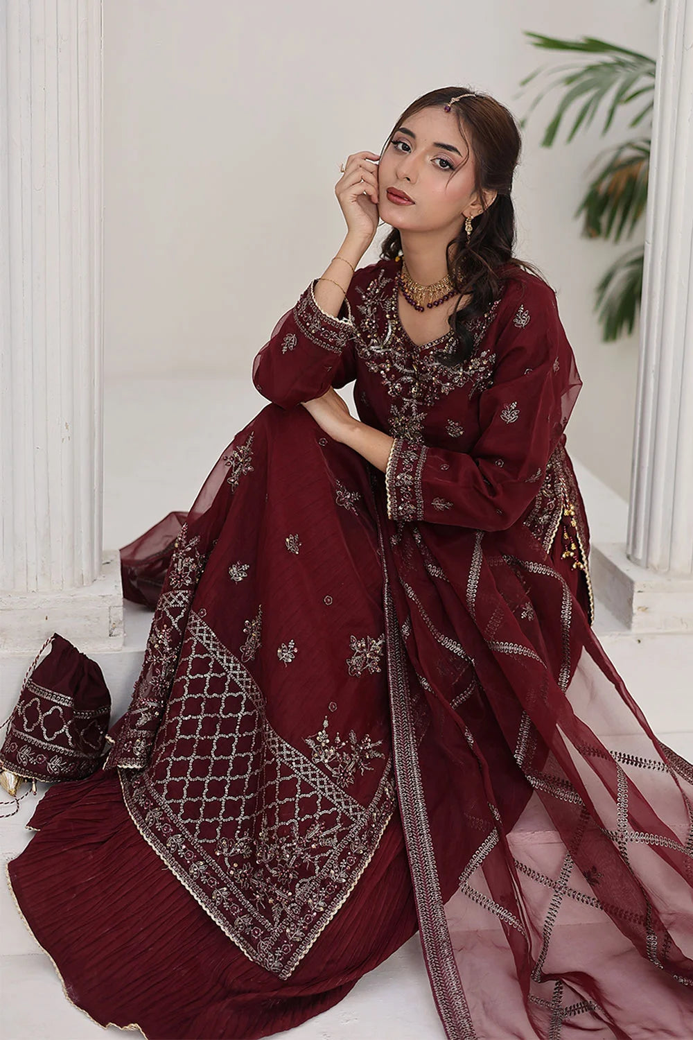 Berry & Sea Green Embroidered 4‑Piece Gown Style Ensemble – Luxury Party Wear