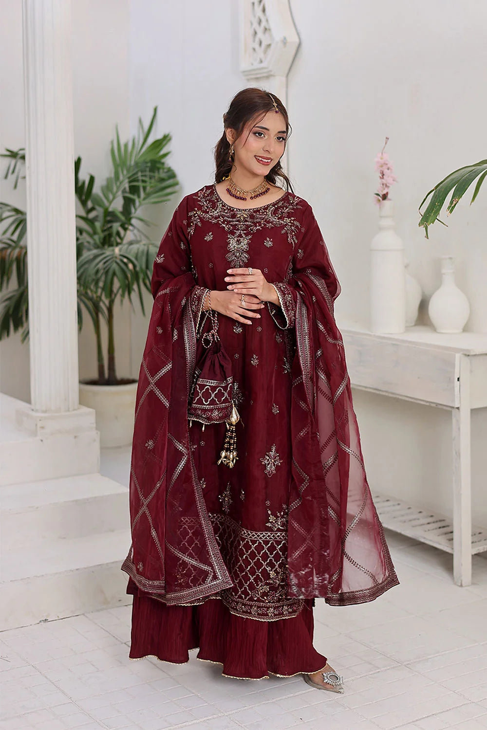 "Berry embroidered gown style ensemble with organza overcoat – luxury stitched suit"