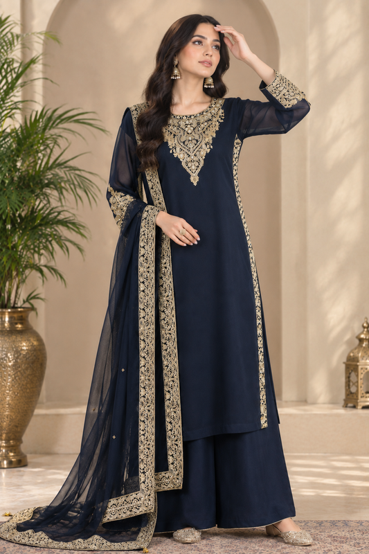 Black Chiffon Elegance | Embroidered Pakistani Straight Suit