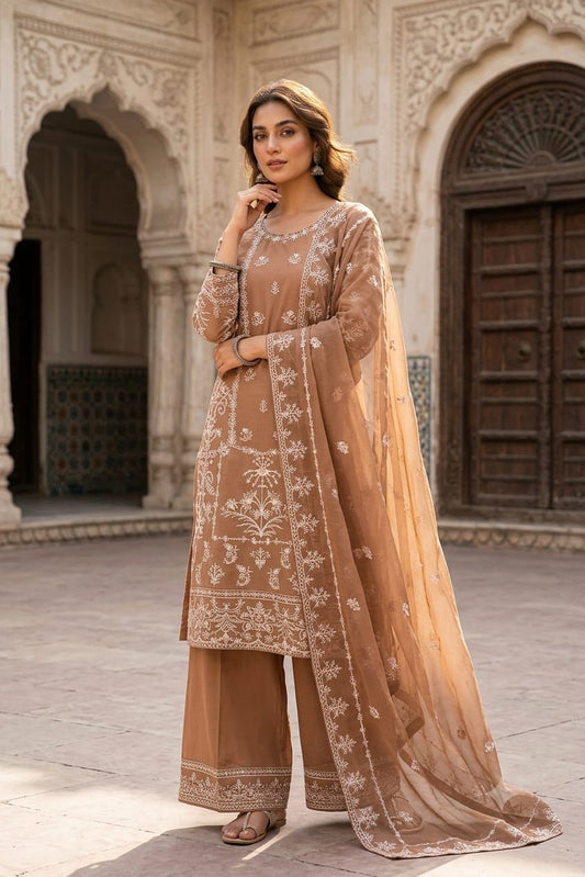 Camel Chiffon Suit with Embroidered Dupatta
