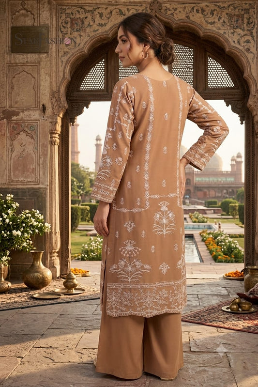 Camel Chiffon Suit with Embroidered Dupatta