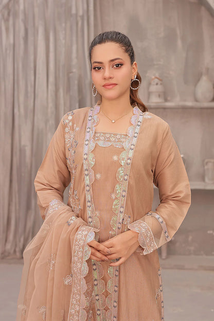 "Coral pink raw silk tunic, embroidered organza overcoat, wide‑leg trousers, and organza dupatta – premium stitched pret wear ensemble"