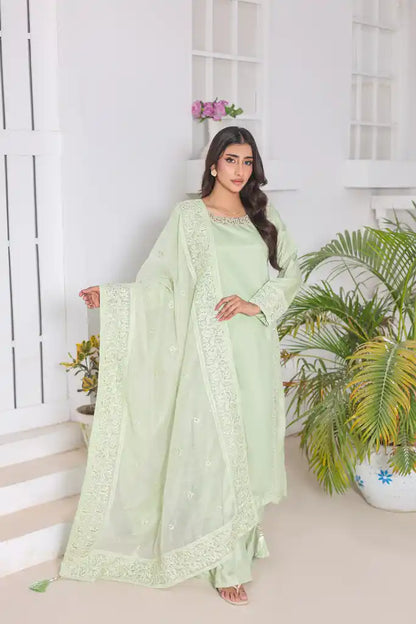 "Pistachio 3-piece stitched embroidered suit with raw silk shirt, raw silk plazoo, and khaddi dupatta"