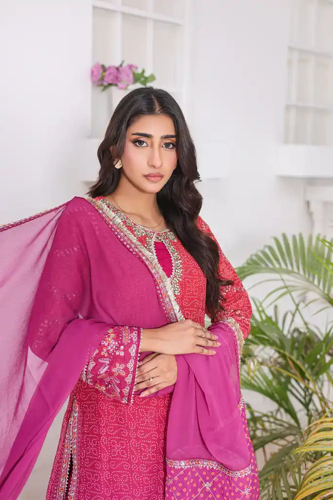 "Raspberry embroidered chiffon shirt, malai plazoo, and chiffon dupatta – premium stitched pret wear ensemble Luxury Raspberry Suit for Women"