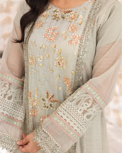 "Sea green embroidered khaddi shirt, Russian silk koti, grip shalwar, and khaddi dupatta – premium stitched pret wear ensemble"