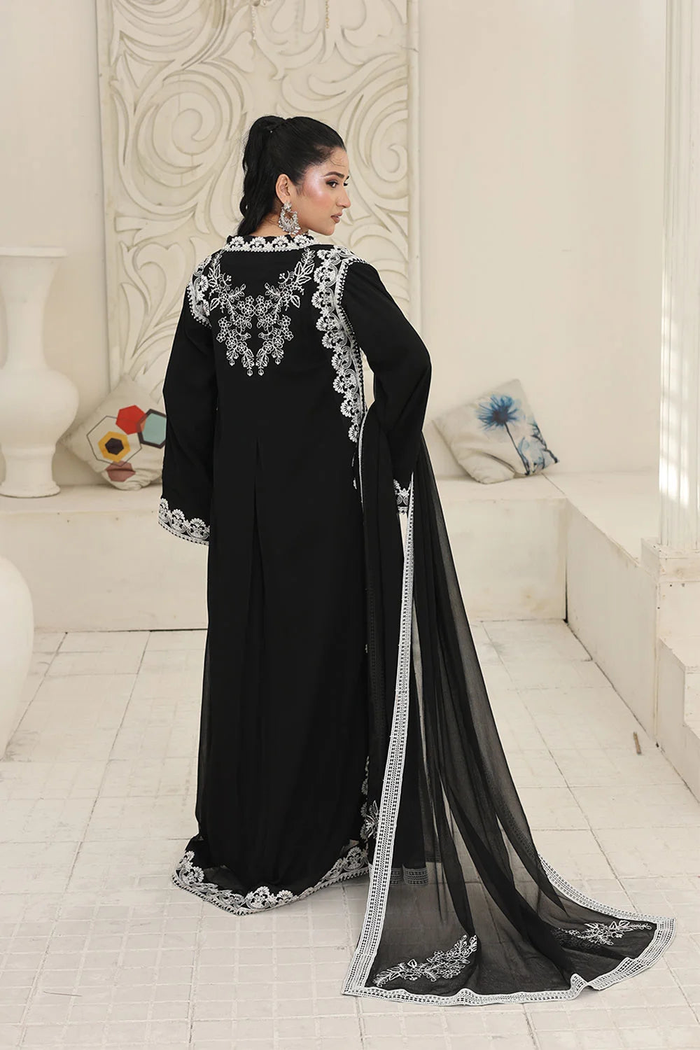 "Designer embroidered black chiffon kaftan with trousers and khaddi net dupatta – perfect for weddings and soirées"