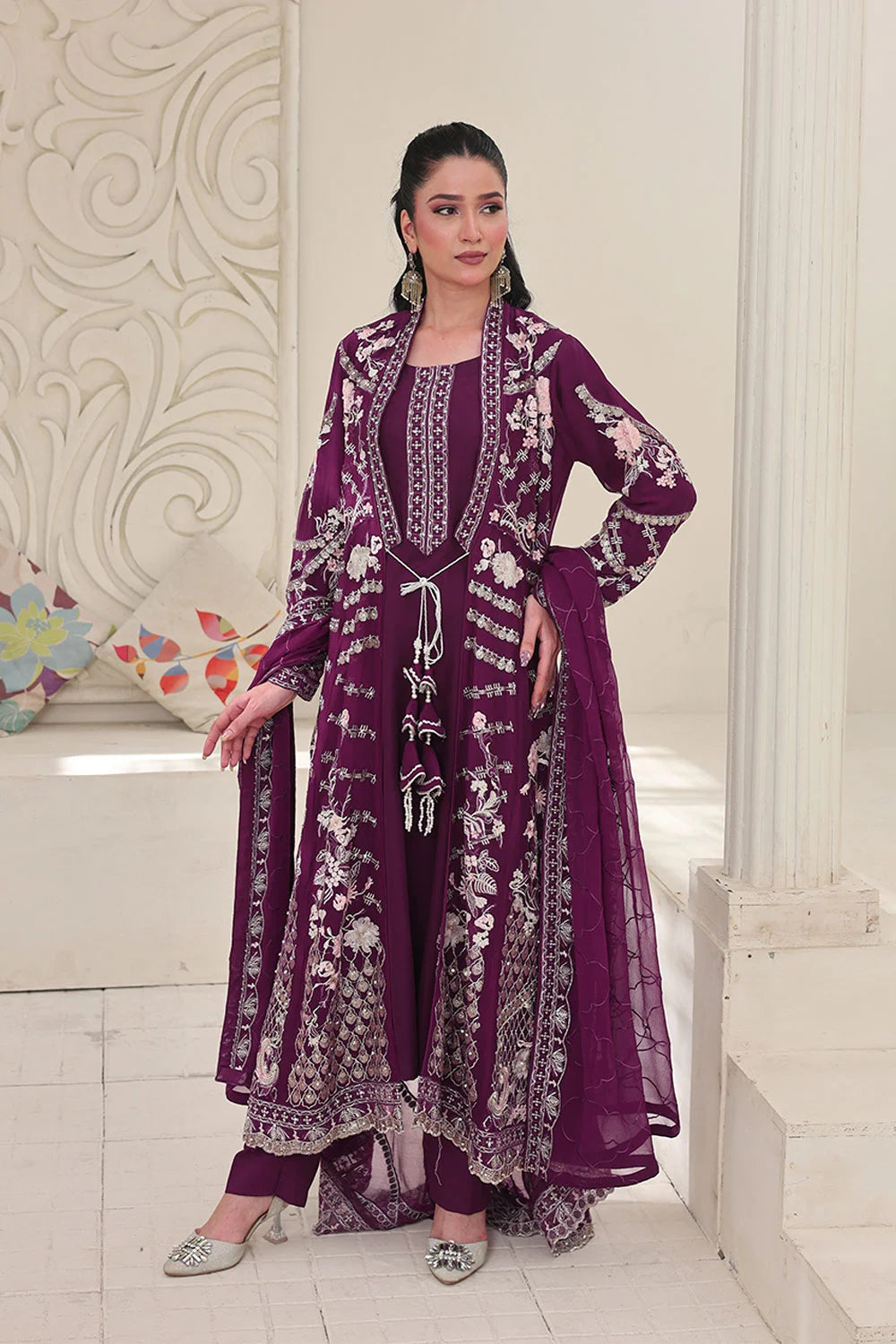 "Designer magenta embroidered 4‑piece stitched outfit – premium pret wear ensemble"