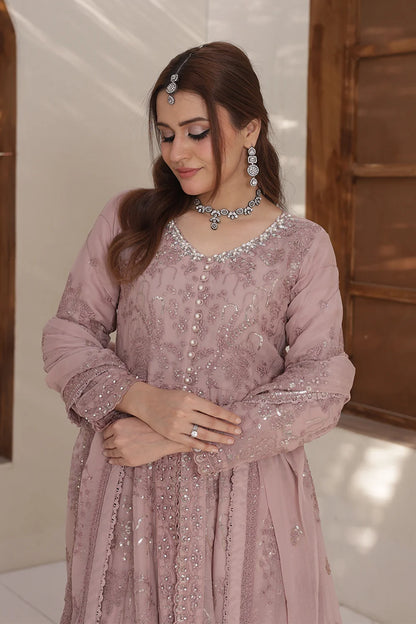 "Designer pink chiffon maxi style suit with dupatta – premium pret wear"