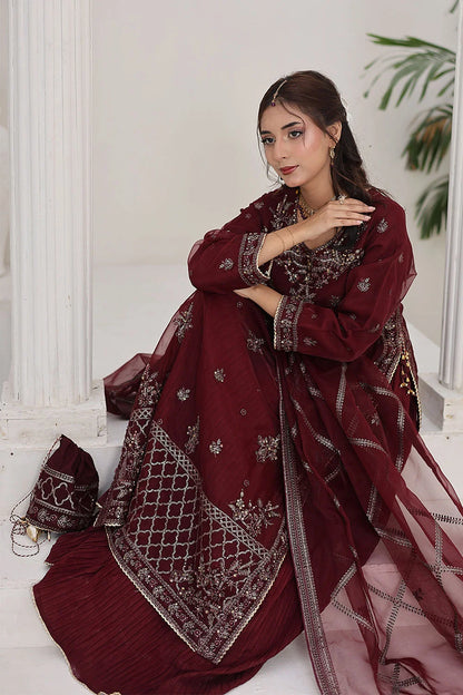 "Elegant berry & sea green embroidered 4‑piece stitched outfit – premium pret wear ensemble"